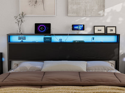 Metal Storage Headboard With RGB LED Light & Charging Station