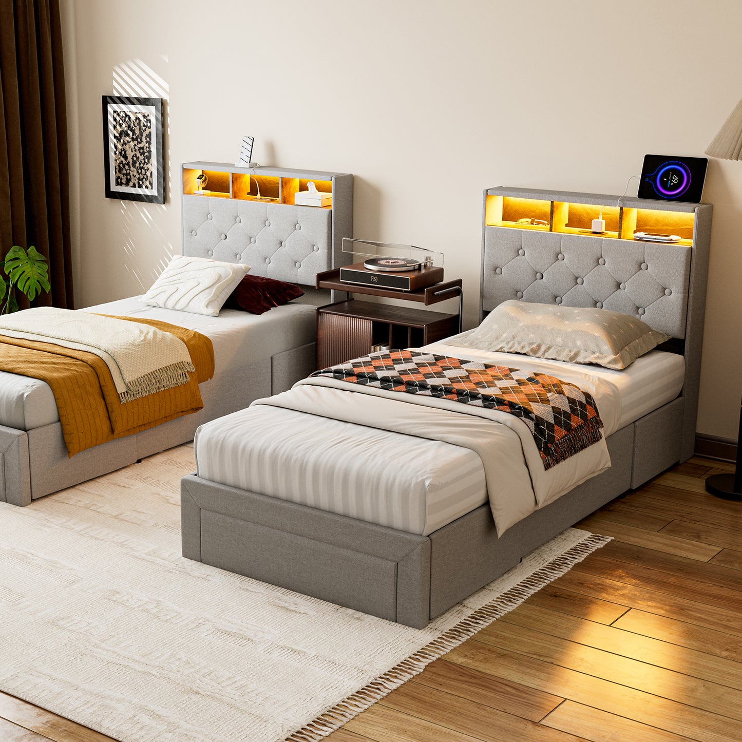 Twin XL Bed Frames with Hidden Storage Headboard & 3 Drawers & LED Lights & Charging Station
