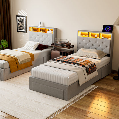 Twin XL Bed Frames with Hidden Storage Headboard & 3 Drawers & LED Lights & Charging Station