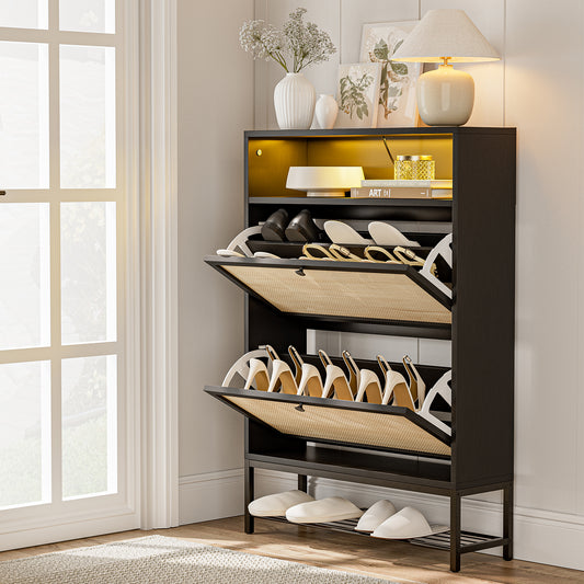 Rattan Shoe Cabinet with LED Light, 2 Flip Drawers & Open Shelves