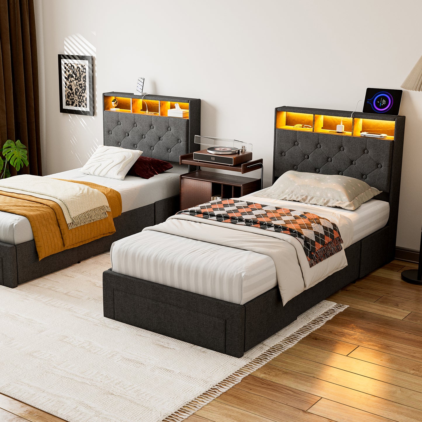 Twin XL Bed Frames with Hidden Storage Headboard & 3 Drawers & LED Lights & Charging Station