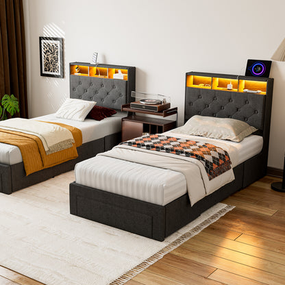 Twin XL Bed Frames with Hidden Storage Headboard & 3 Drawers & LED Lights & Charging Station