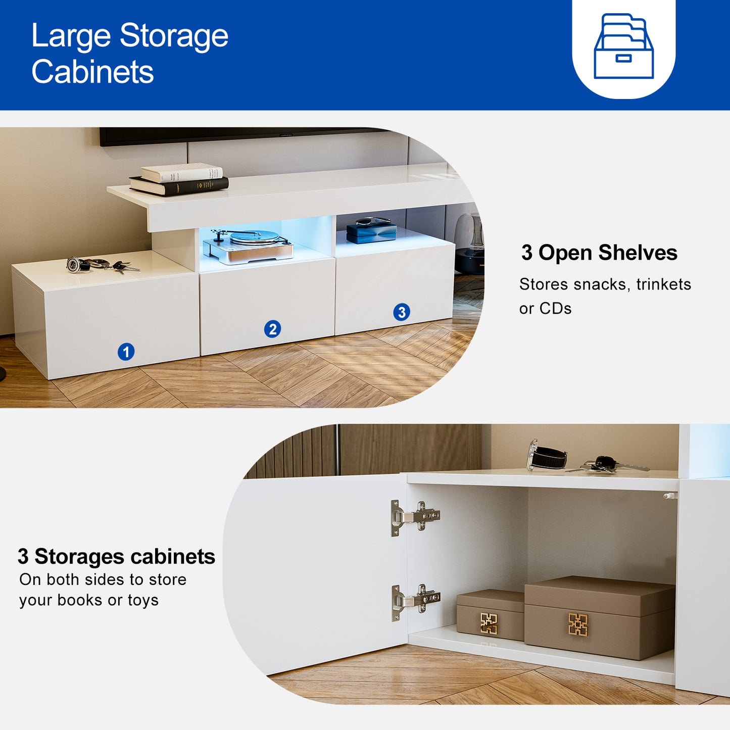 LED TV Stand for 75+ inch TV, Entertainment Center w/Colors Lights & 3 Storage Cabinets