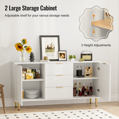 Sideboard with Drawers, Fluted Buffet Cabinet with Storage, Adjustable Shelves