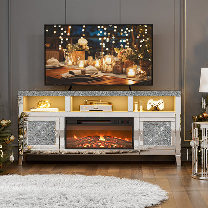 Mirrored Fireplace TV Stand for 65+ inch, Silver Console Table with Crushed Diamond and LED