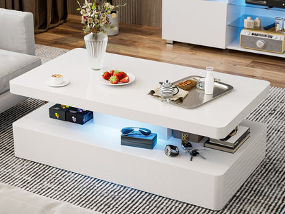 LED Coffee Table 2-Tier Rectangle Living Room Center Table with 16 Colors Lights