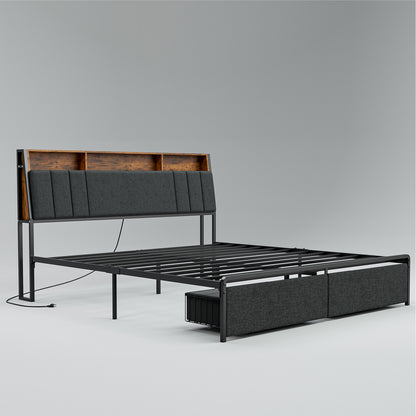 LED Bed Frames with Storage Drawers, Storage Upholstered headboard with Charging Station