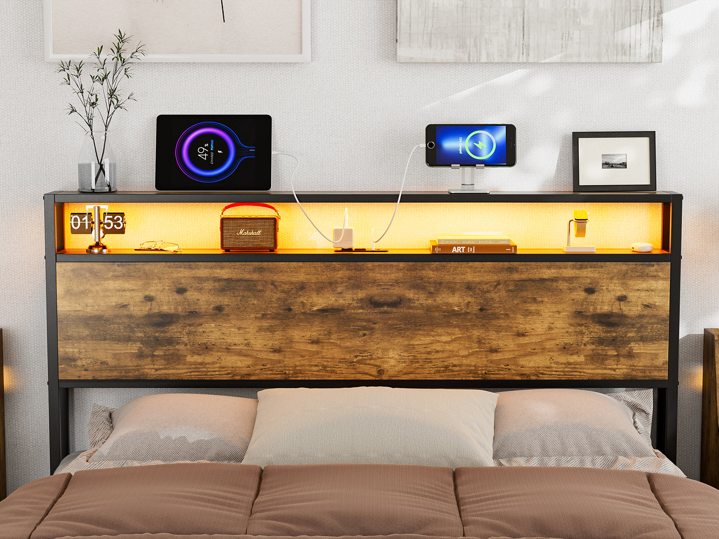 Metal Storage Headboard With RGB LED Light & Charging Station