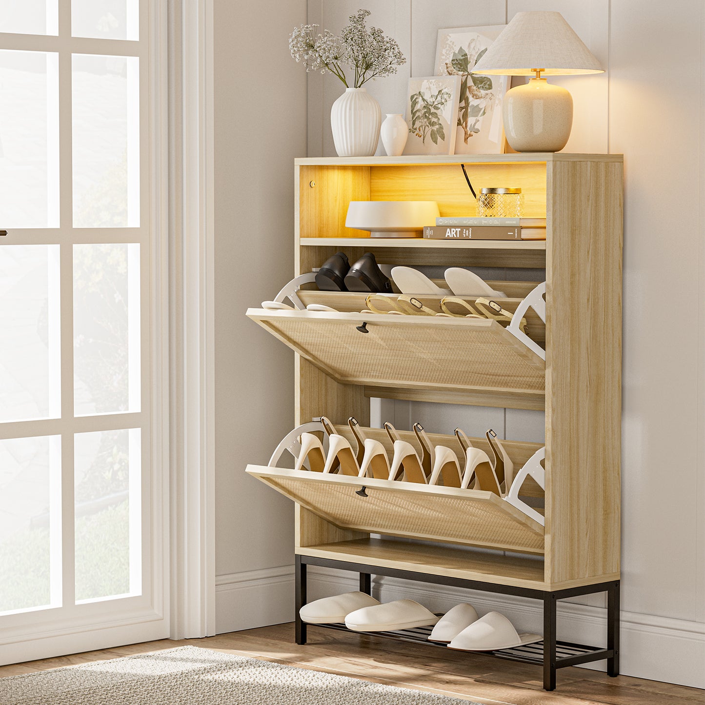 Rattan Shoe Cabinet with LED Light, 2 Flip Drawers & Open Shelves