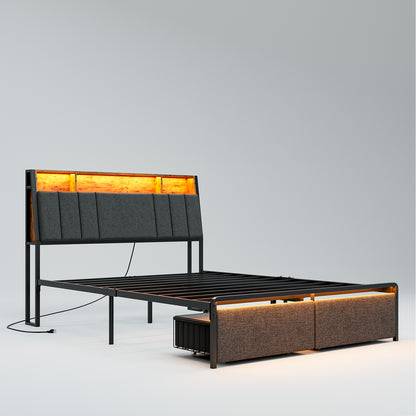LED Bed Frames with Storage Drawers, Storage Upholstered headboard with Charging Station