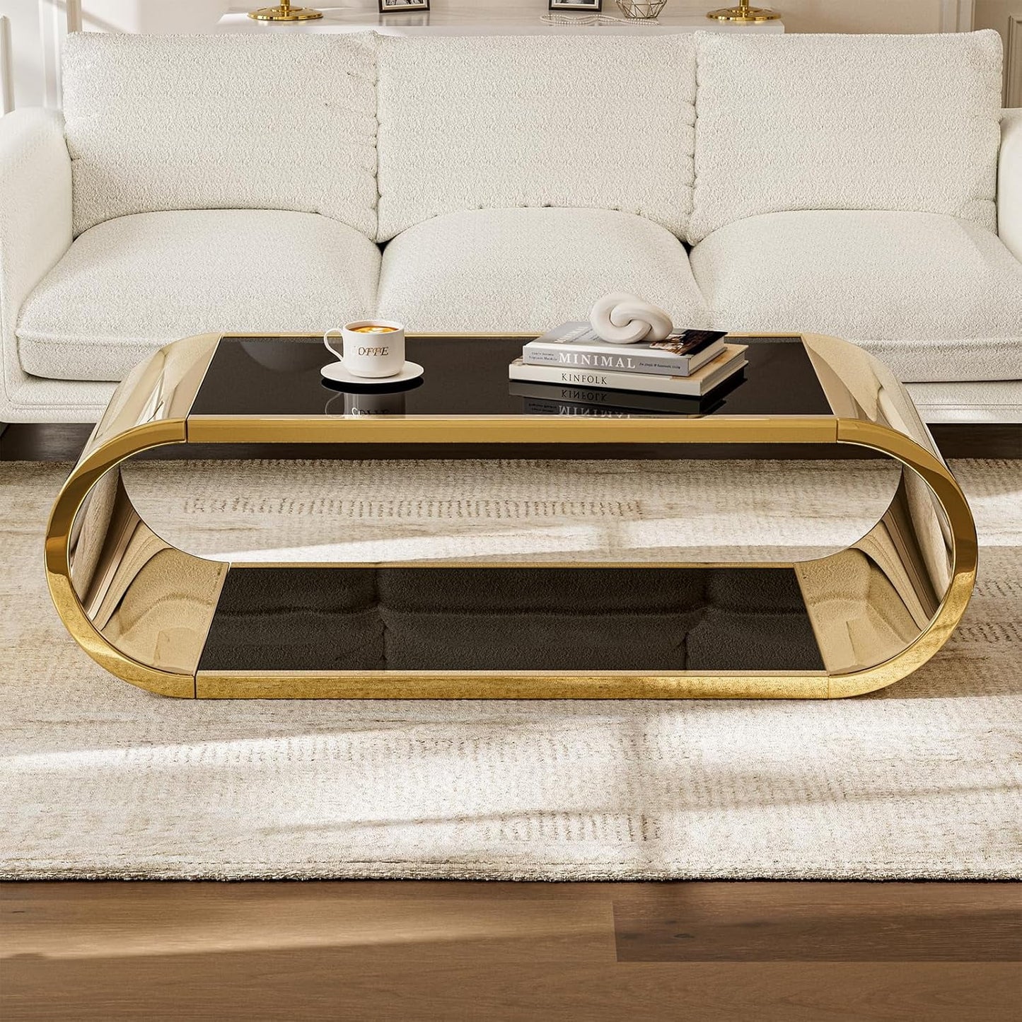 ARICOEASY Modern Coffee Table for Living Room, 2-Tier Black Tempered Glass Center Table with Gold Stainless Steel Frame, Oval Shape for Home Office or Apartment