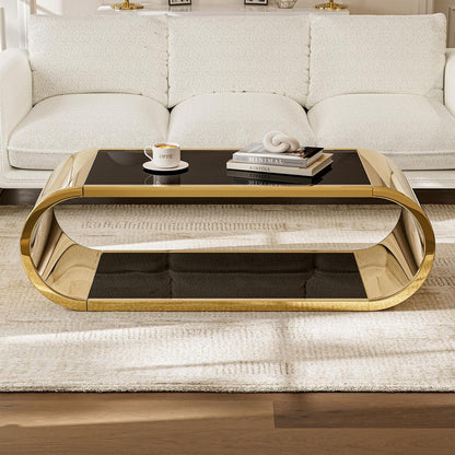 ARICOEASY Modern Coffee Table for Living Room, 2-Tier Black Tempered Glass Center Table with Gold Stainless Steel Frame, Oval Shape for Home Office or Apartment