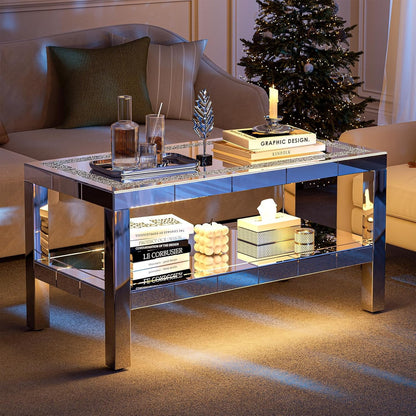 ARICOEASY Mirrored Coffee Table with RGB LED Lights and Crushed Diamond Finish, Modern 2 Tier Rectangle Cocktail Table with Stainless Steel Legs