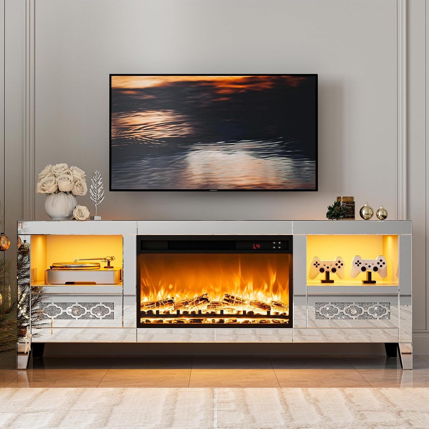 ARICOEASY Mirrored TV Stand with Smart Electric Fireplace and RGB Ambience Light