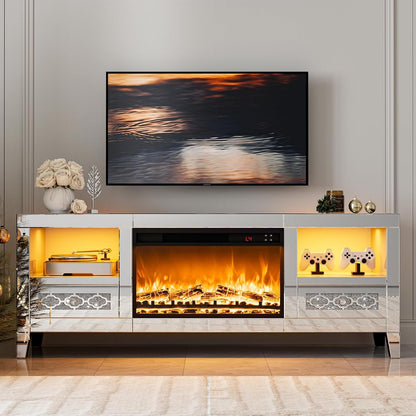 ARICOEASY Mirrored TV Stand with Smart Electric Fireplace and RGB Ambience Light