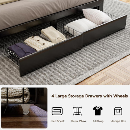 LED Bed Frame with 4 Storage Drawers, Hidden Storage Headboard with Charging Station No Box Spring