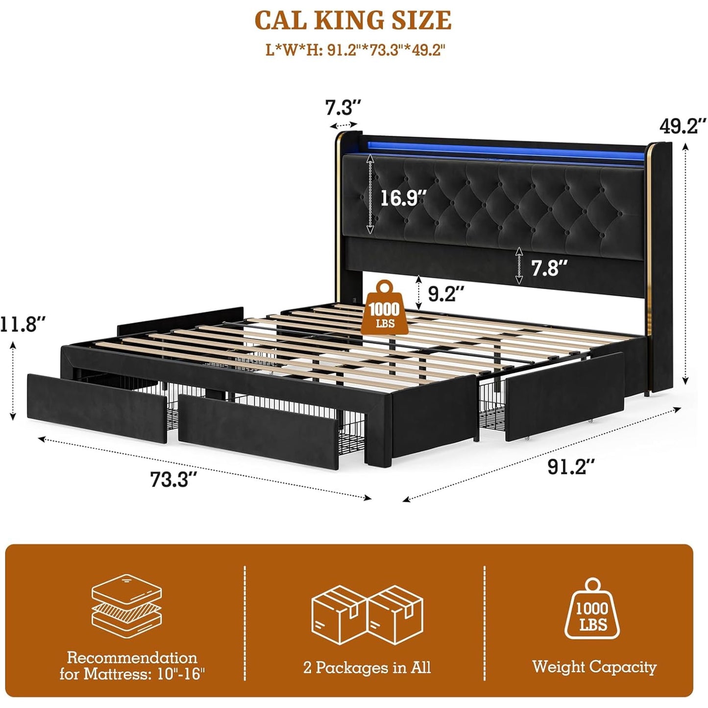 ARICOEASY Bed Frames with 3 Drawer Storage, Velvet Platform Bed with Button Tufted Headboard