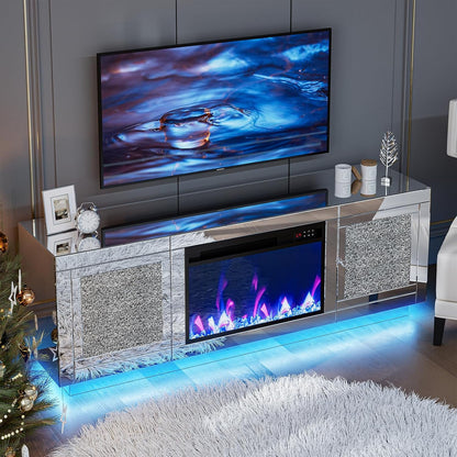 ARICOEASY Mirrored Fireplace TV Stand for 65+ Inch TV, Crushed Diamond Silver Media Entertainment Center with RGB LED Light
