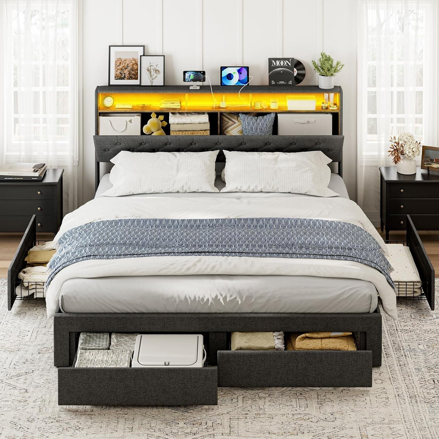 ARICOEASY King Bed Frame with Hidden Storage Headboard & 4 Drawers, Upholstered Button Tufted Platform Bed with LED Lights and Charging Station, No Box Spring Needed, Solid Wood Slats