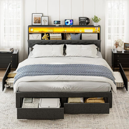 ARICOEASY King Bed Frame with Hidden Storage Headboard & 4 Drawers, Upholstered Button Tufted Platform Bed with LED Lights and Charging Station, No Box Spring Needed, Solid Wood Slats