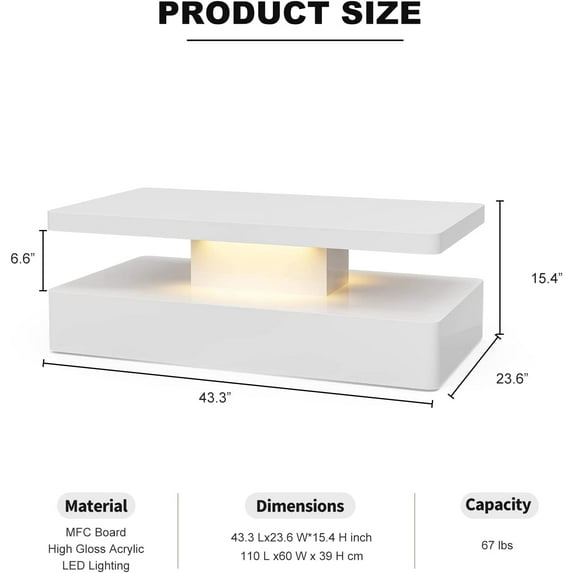 ARICOEASY LED High Glossy Coffee Table, Modern Coffee Table for Living Room with 16 Colors LED Lights