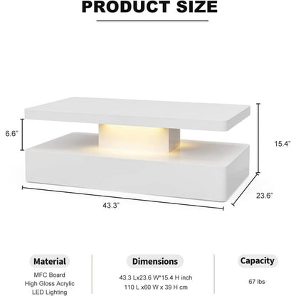 ARICOEASY LED High Glossy Coffee Table, Modern Coffee Table for Living Room with 16 Colors LED Lights