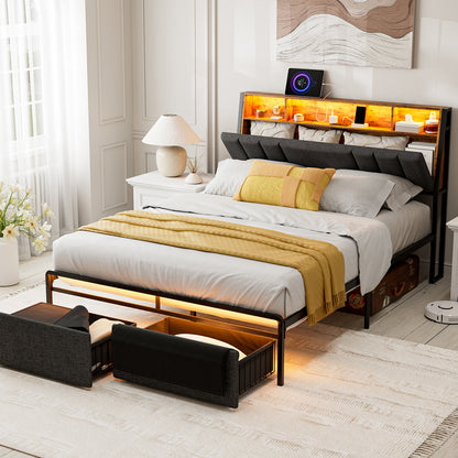 LED Bed Frames with Storage Drawers, Storage Upholstered headboard with Charging Station
