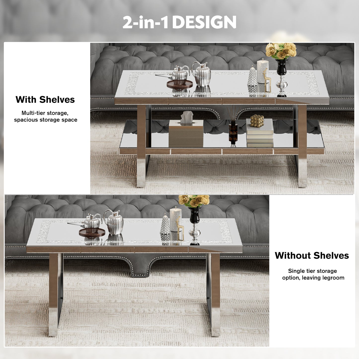 Rectangle Mirrored Coffee Table 2-Tier with Crushed Diamond