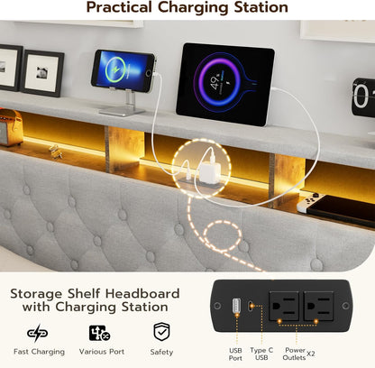 LED Bed Frame with 4 Storage Drawers, Hidden Storage Headboard with Charging Station No Box Spring