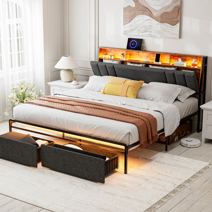 LED Bed Frames with Storage Drawers, Storage Upholstered headboard with Charging Station