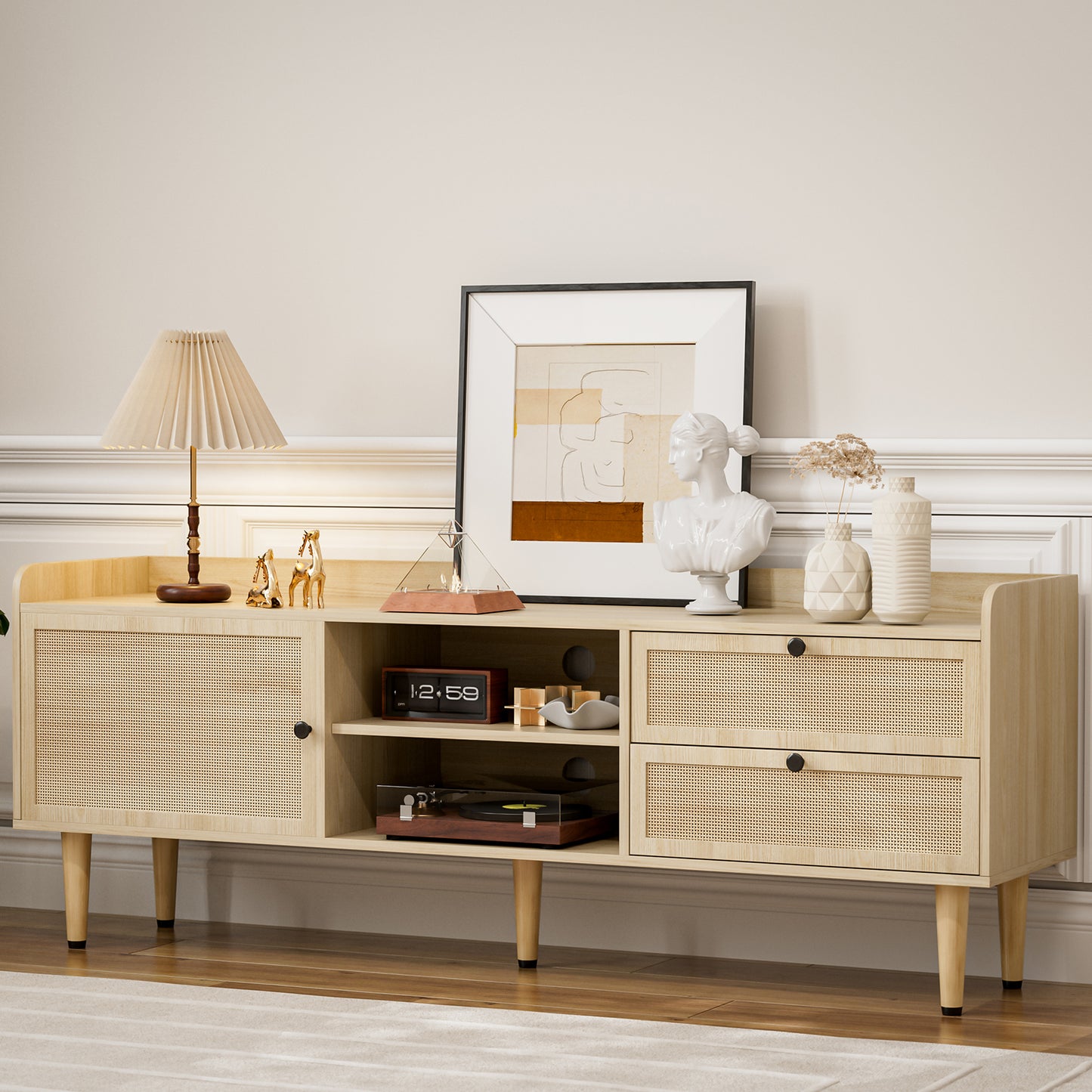 Rattan TV Stand 75 Inch TV with 2 Natural Rattan Drawers