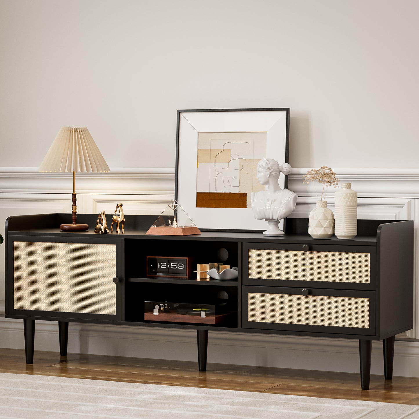 Rattan TV Stand 75 Inch TV with 2 Natural Rattan Drawers