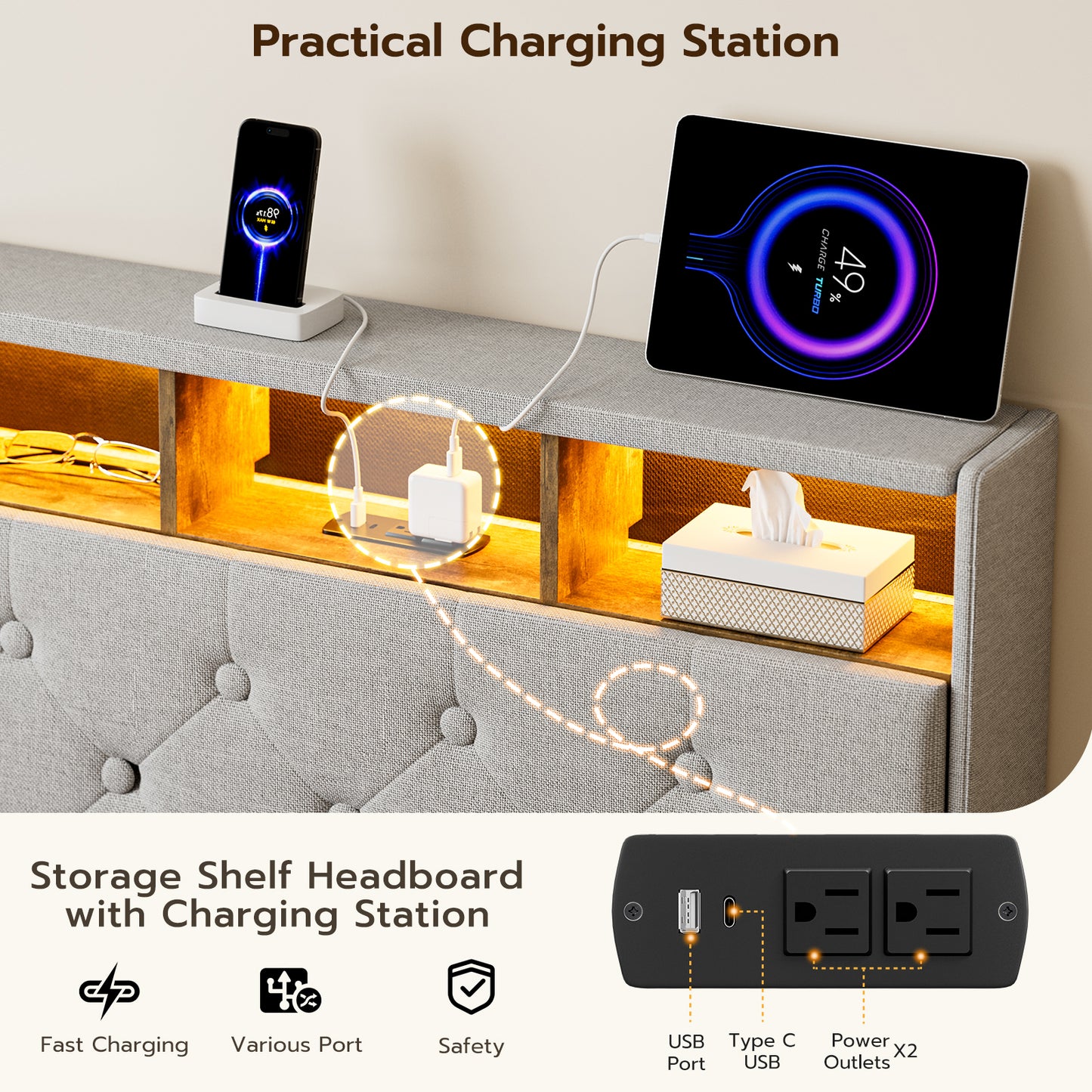 Twin XL Bed Frames with Hidden Storage Headboard & 3 Drawers & LED Lights & Charging Station