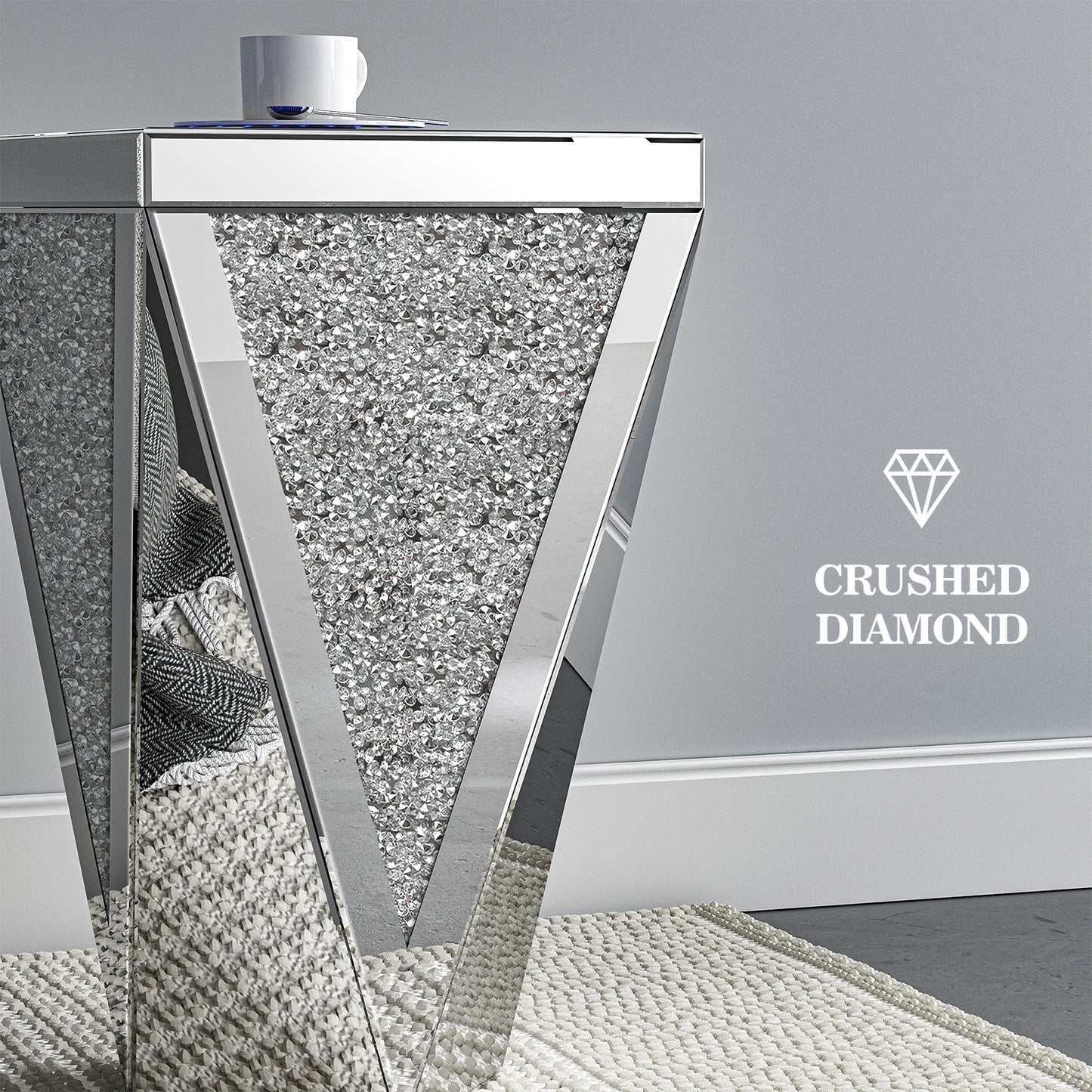 Mirrored Side Table with Infinity Lights, Modern End Table with Crushed Diamond, Silver Nightstand