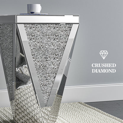 Mirrored Side Table with Infinity Lights, Modern End Table with Crushed Diamond, Silver Nightstand