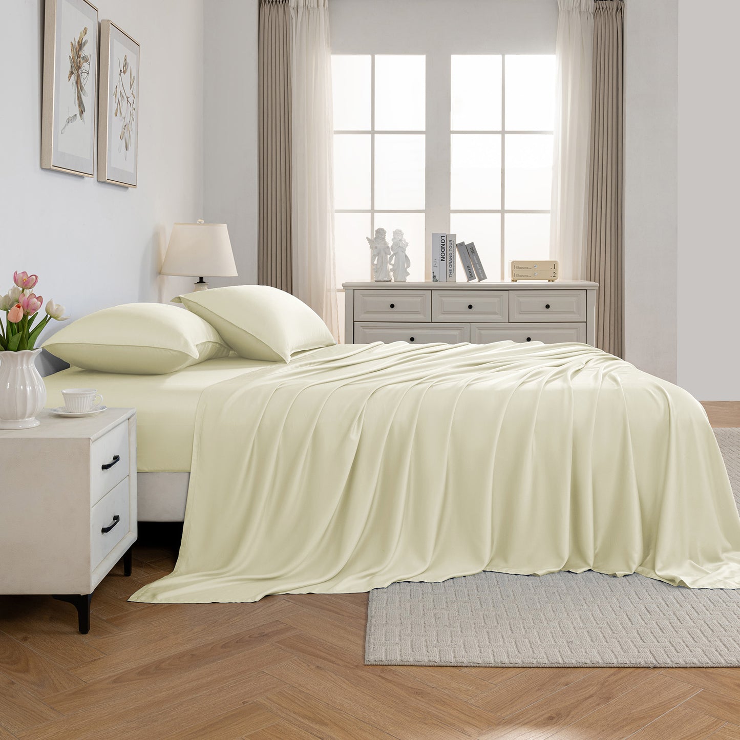 Bed Sheet Set-4 Piece 16” Deep Pocket, Ultra Soft Breathable Silky Bedding Sheets & Pillowcases-Beige