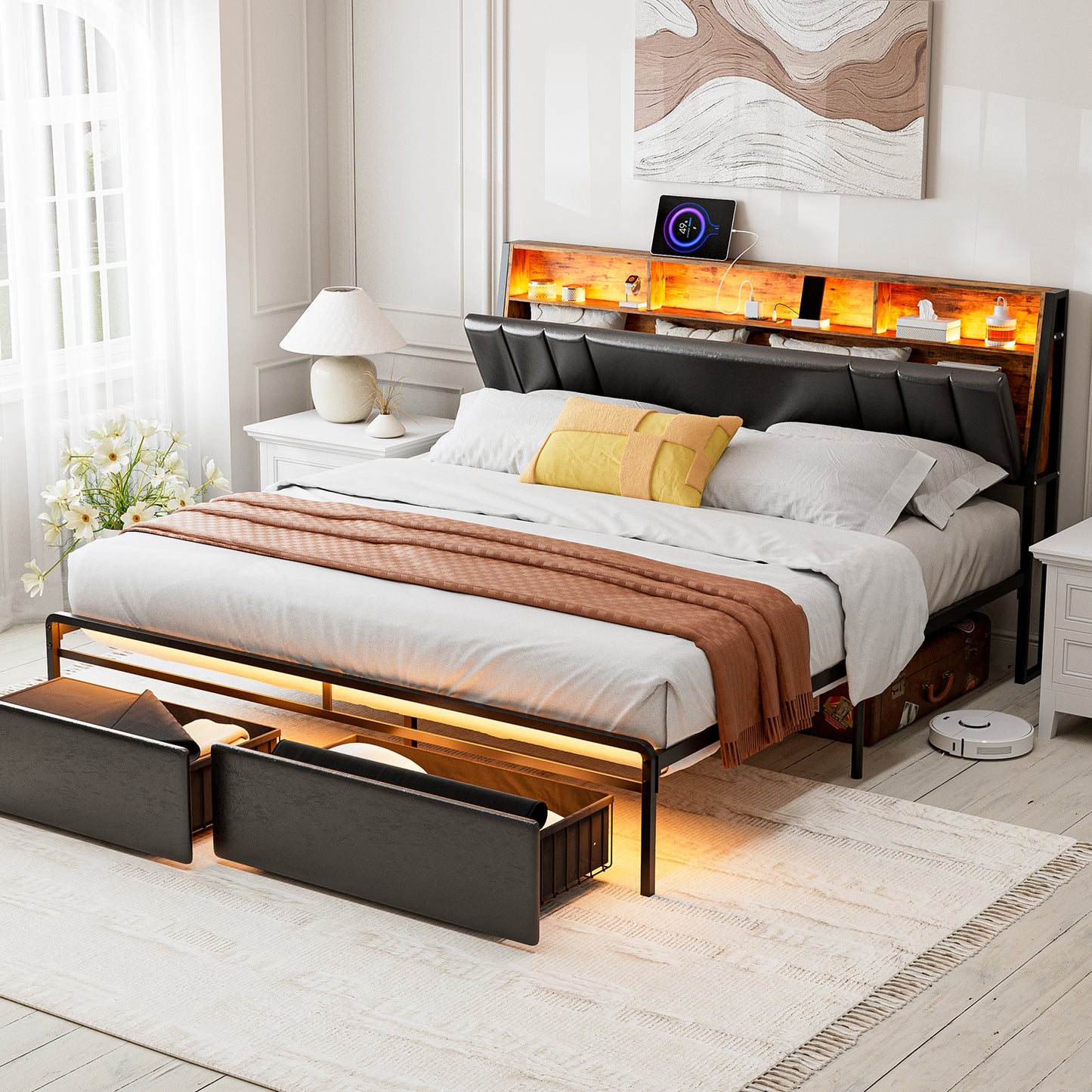 LED Bed Frames with Storage Drawers, Storage Upholstered headboard with Charging Station