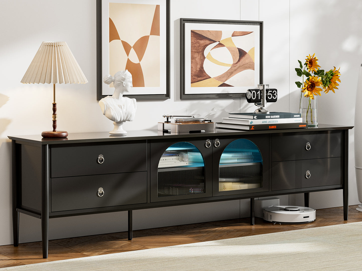 LED TV Stand for 85+ Inch TV with 2 Glass Doors, 4 Drawers and LED Lights,Glass Entertainment Center for Living Room