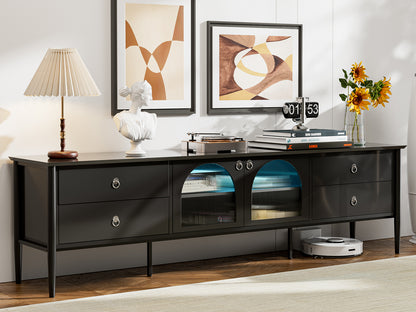 LED TV Stand for 85+ Inch TV with 2 Glass Doors, 4 Drawers and LED Lights,Glass Entertainment Center for Living Room