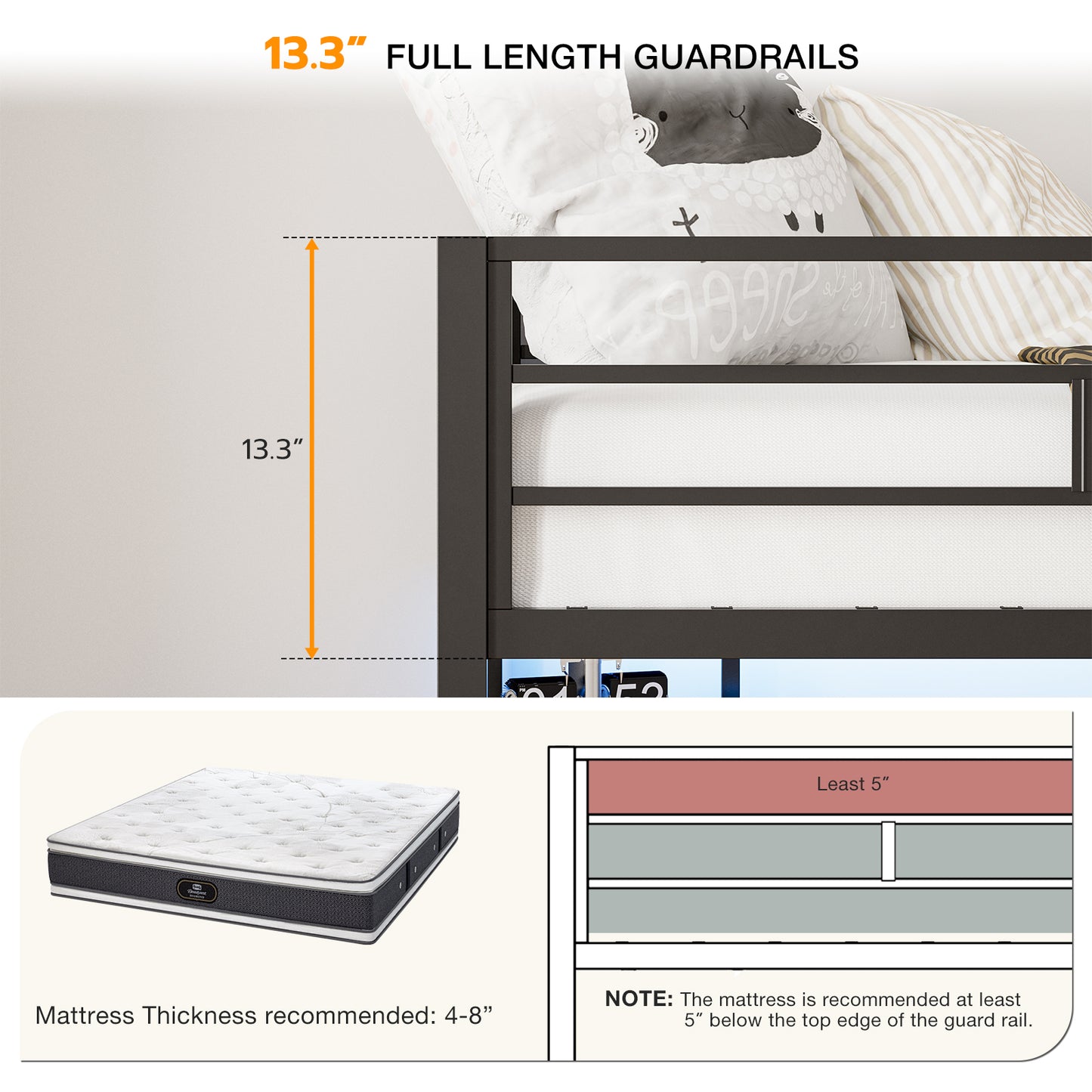Metal Twin Loft Bed with Desk and Storage Shelves, LED Lights & Charging Station, Loft Bed Frame with 13.4” Guardrail