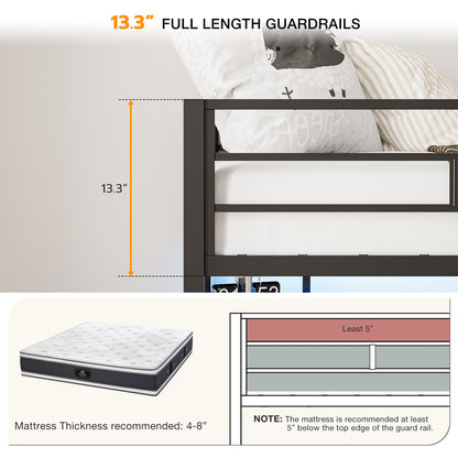 Metal Twin Loft Bed with Desk and Storage Shelves, LED Lights & Charging Station, Loft Bed Frame with 13.4” Guardrail