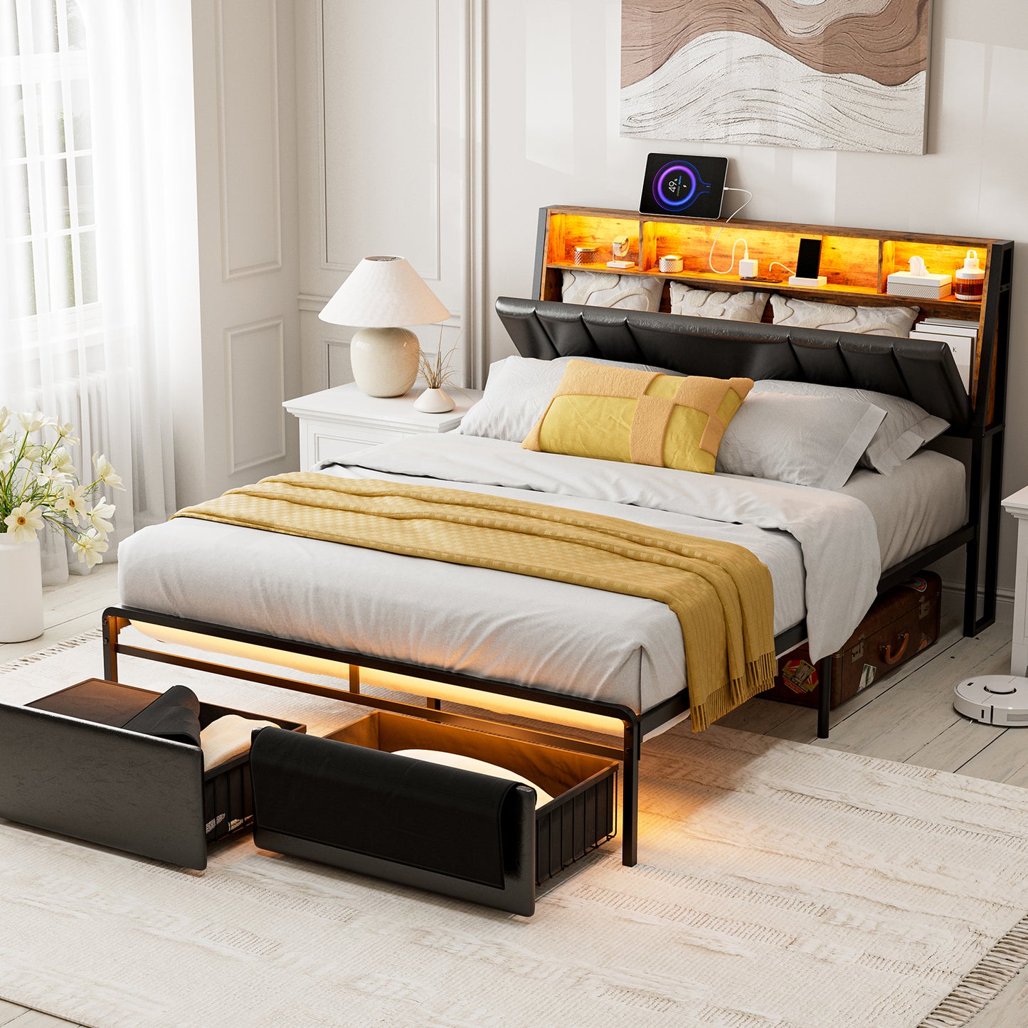 LED Bed Frames with Storage Drawers, Storage Upholstered headboard with Charging Station