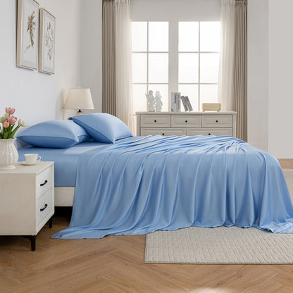 Bed Sheet Set-4 Piece 16” Deep Pocket, Ultra Soft Breathable Silky Bedding Sheets & Pillowcases-Light Blue