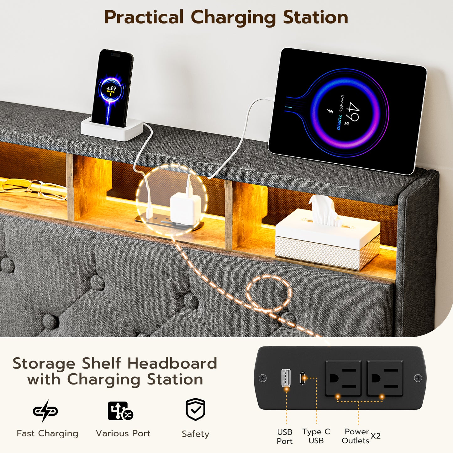 Twin XL Bed Frames with Hidden Storage Headboard & 3 Drawers & LED Lights & Charging Station