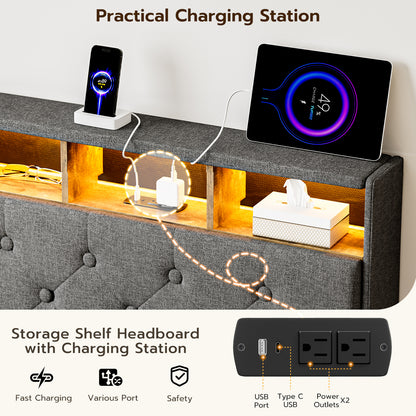 Twin XL Bed Frames with Hidden Storage Headboard & 3 Drawers & LED Lights & Charging Station