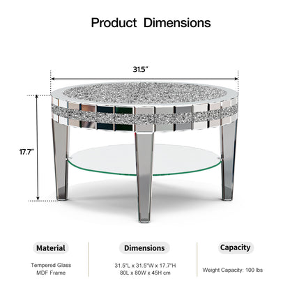 Round Mirrored Coffee Table With storage Size
