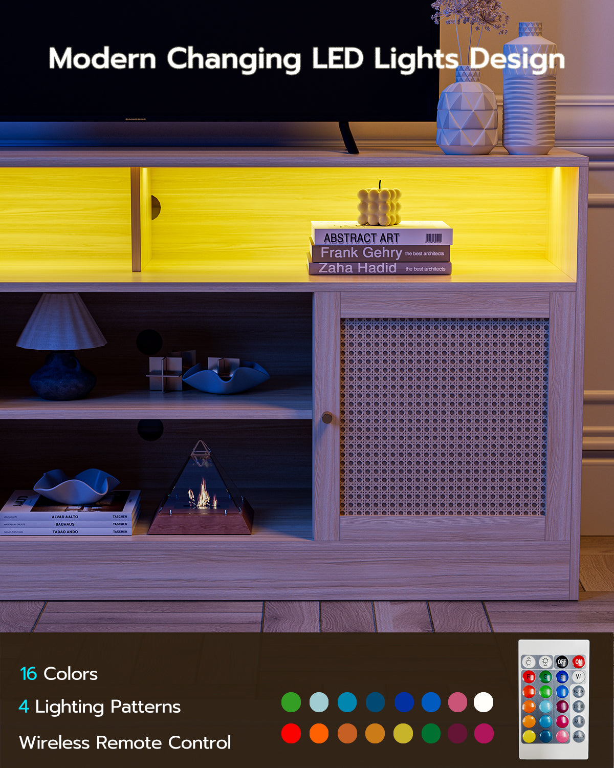 LED Rattan TV Stand for 65 Inch TV, Multifunctional Cabinet with 2 Natural Rattan Doors and LED Lights