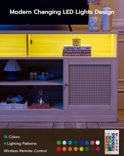 LED Rattan TV Stand for 65 Inch TV, Multifunctional Cabinet with 2 Natural Rattan Doors and LED Lights