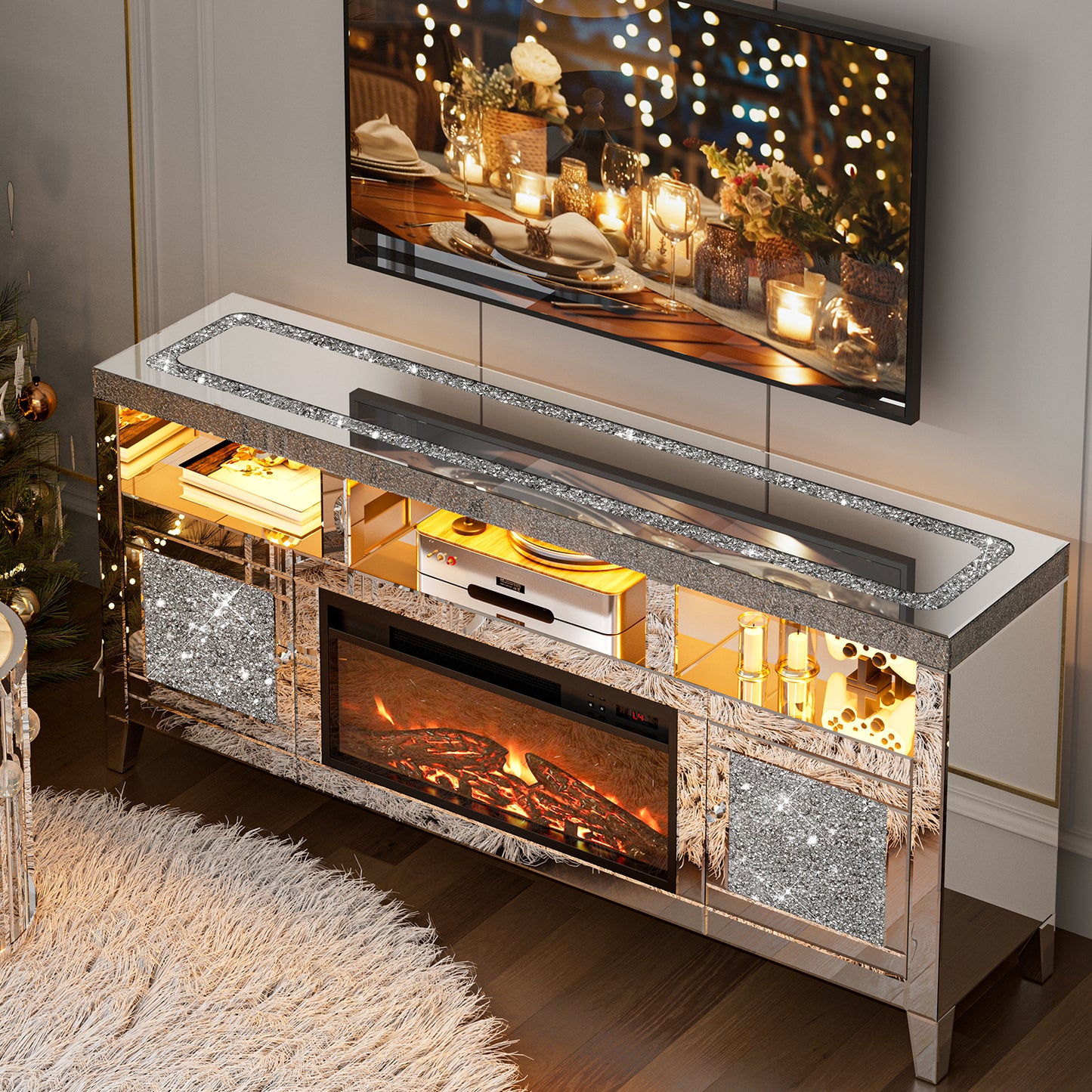 Mirrored Fireplace TV Stand for 65+ inch, Silver Console Table with Crushed Diamond and LED