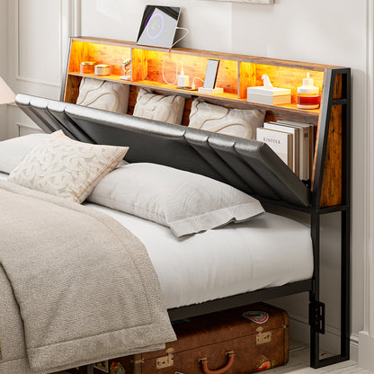 Headboard with Charging Station, LED Lights and Hidden Storage